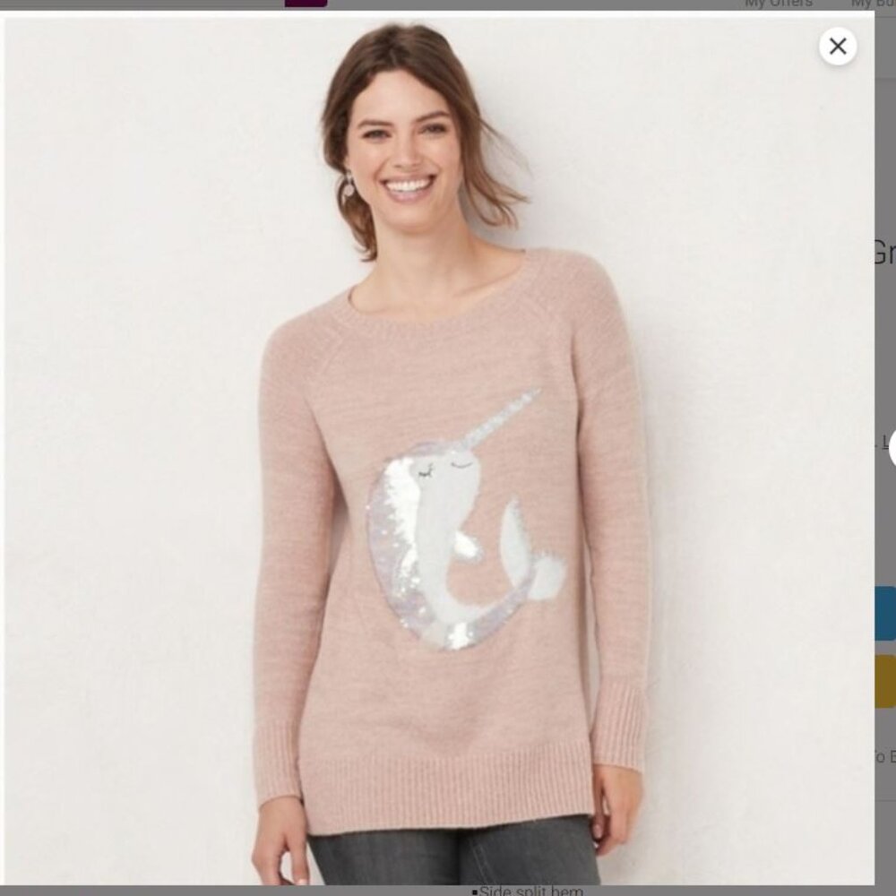 LC Lauren Conrad Pink Narwhal Graphic Tunic Sweater sz Medium